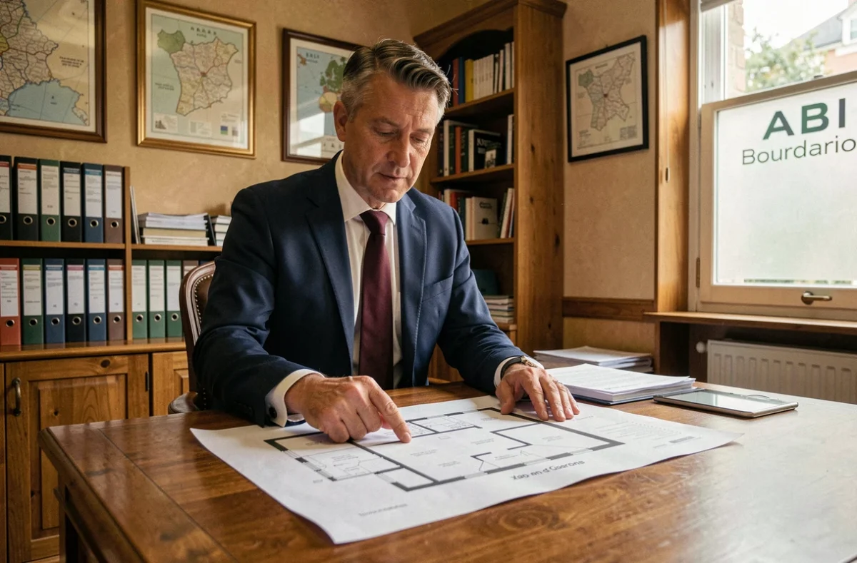 Agent de l'agence A.B.I Bourdarios Immobilier étudiant un plan de propriété avec un client autour d'un bureau en bois dans les locaux de l'agence