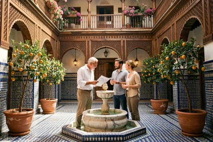 Architecte marocain présentant un riad traditionnel à des acheteurs potentiels dans une cour intérieure ornée de zellige à Marrakech