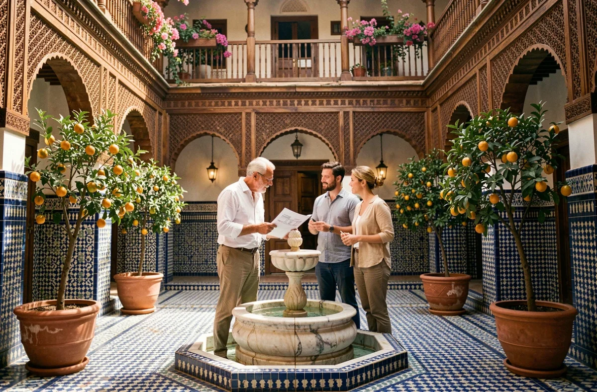 Architecte marocain présentant un riad traditionnel à des acheteurs potentiels dans une cour intérieure ornée de zellige à Marrakech