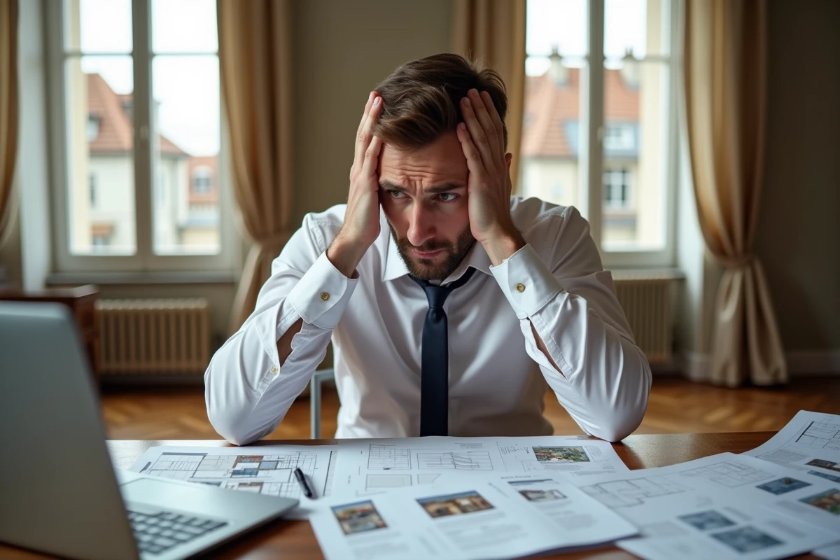 Homme stressé examinant des documents immobiliers pour un achat à Lyon, illustrant les erreurs des acheteurs pressés