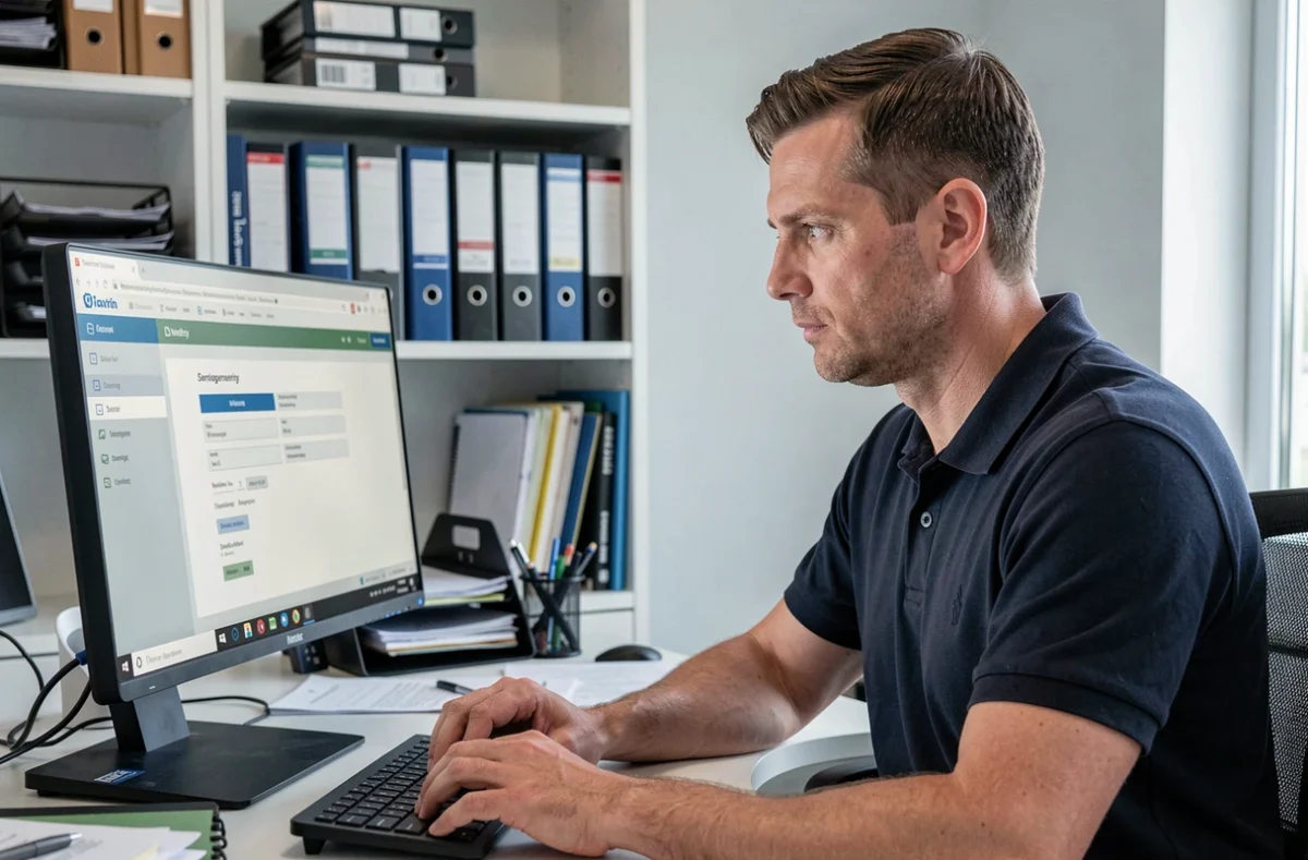 Professionnel Actav travaillant sur un logiciel de gestion de copropriété dans un bureau administratif