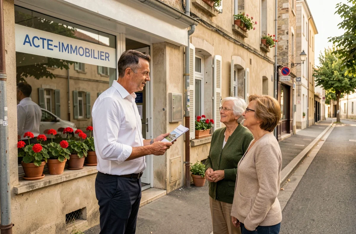 Agent d'ACTE-IMMOBILIER Négrepelisse présentant une brochure immobilière à des clients devant les bureaux de l'agence en centre-ville