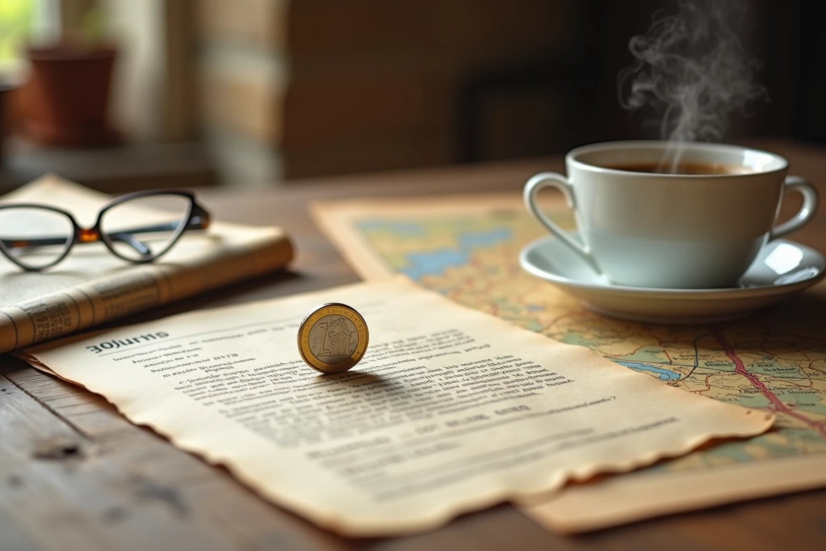 Acte notarié et pièce d'un euro symbolique sur table en bois pour l'achat d'un manoir en France