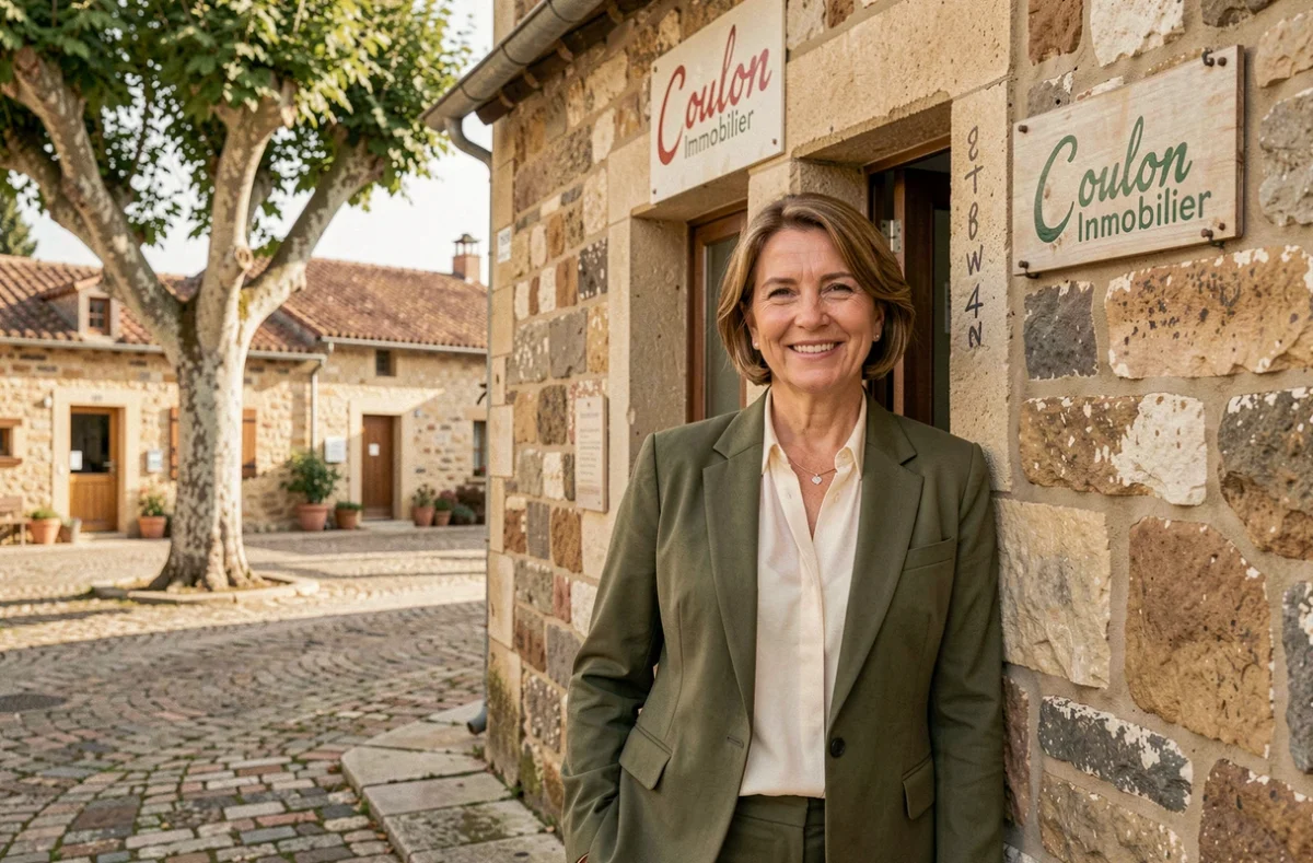 Agente de l'Agence Coulon Immobilier devant les bureaux de l'agence dans un village typique du Tarn-et-Garonne