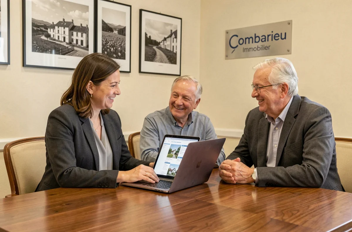 Agente de l'Agence Immobilière Combarieu à Caussade présentant des annonces immobilières à un couple de clients dans la salle de réunion de l'agence