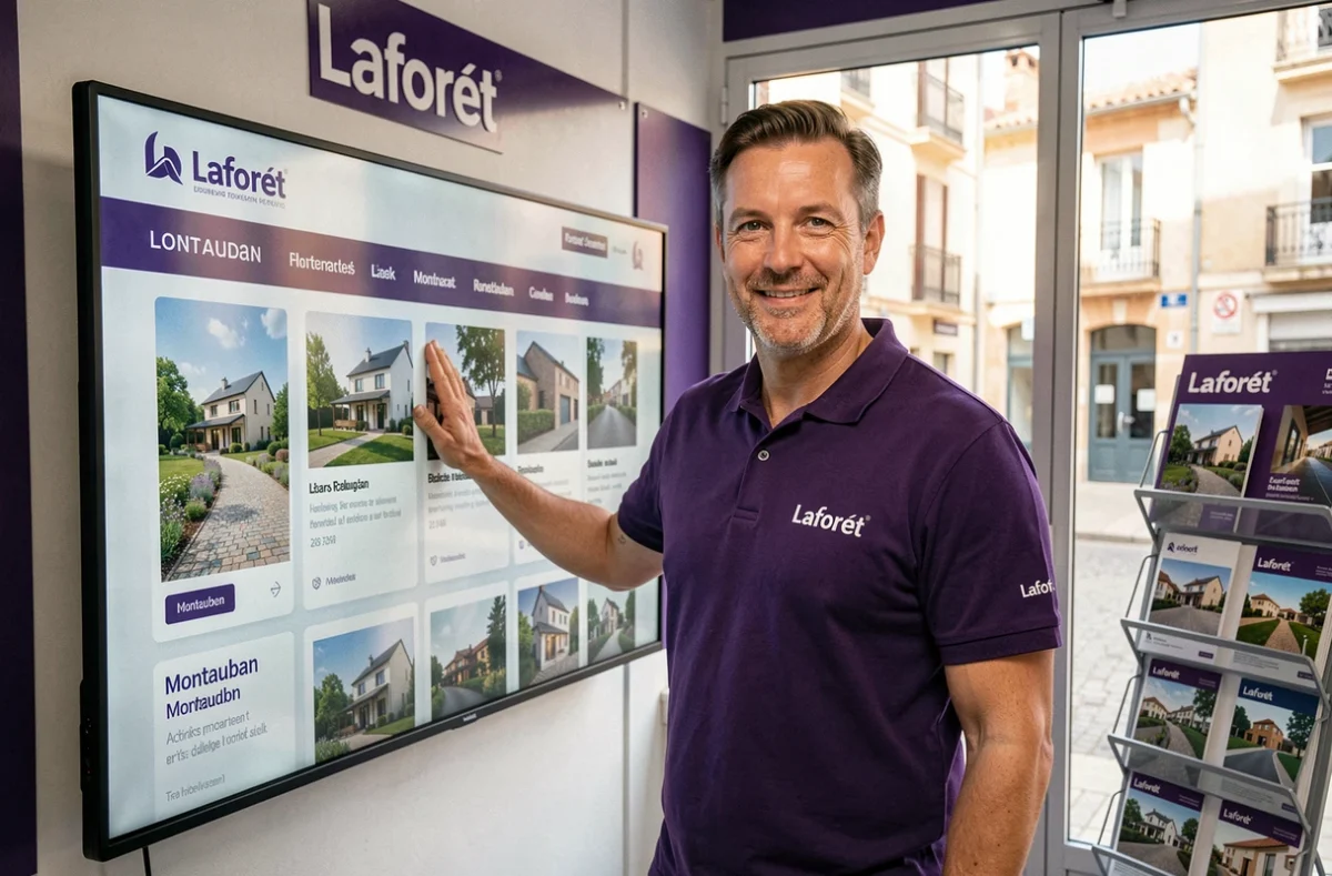 Agent de l'agence Laforêt Montauban présentant des annonces immobilières sur un écran interactif dans les bureaux de l'agence