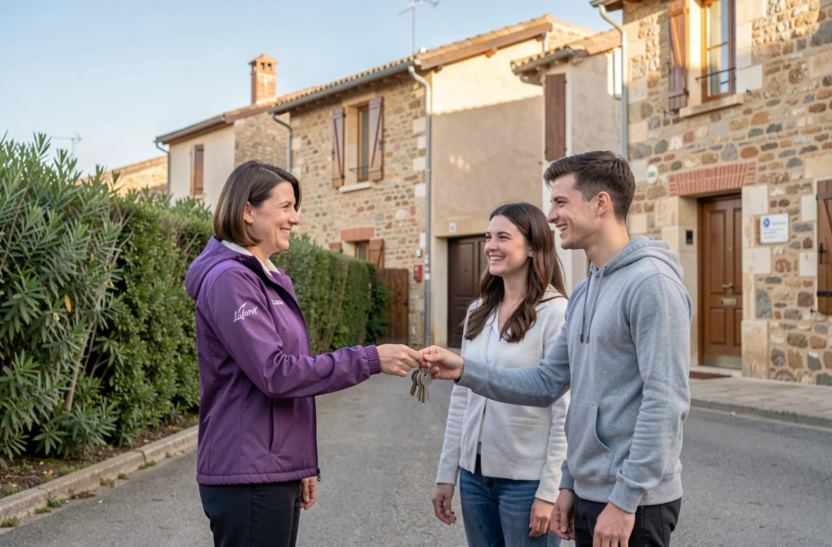 Agente de Laforêt Montech remettant les clés d'une maison en pierre à un couple de nouveaux propriétaires dans la commune de Montech