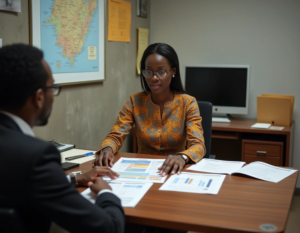 Agent immobilière sénégalaise présentant les prix des terrains à Dakar à un client dans une agence