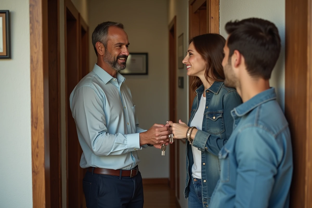 Agent immobilier remettant des clés à un couple dans un couloir d