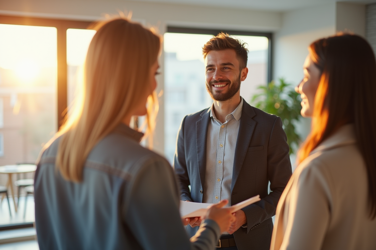Agent immobilier souriant montrant un appartement lumineux