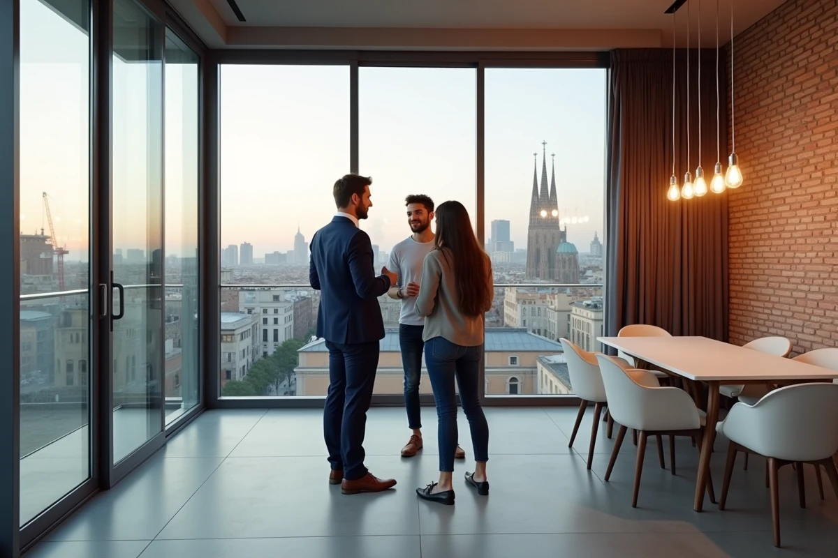 Agent immobilier présentant un appartement moderne à Barcelone avec vue sur la Sagrada Família à des acheteurs potentiels d'une résidence secondaire