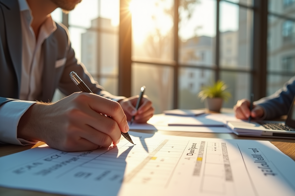 Agent immobilier travaillant à un bureau lumineux avec documents et calendrier