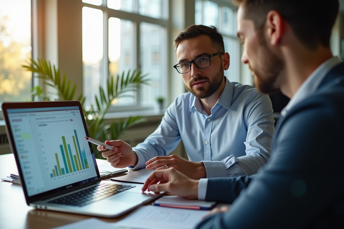 Agent immobilier expliquant des graphiques financiers en bureau
