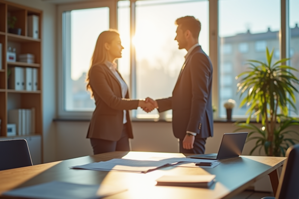 Agent immobilier serrant la main d un client dans un appartement lumineux