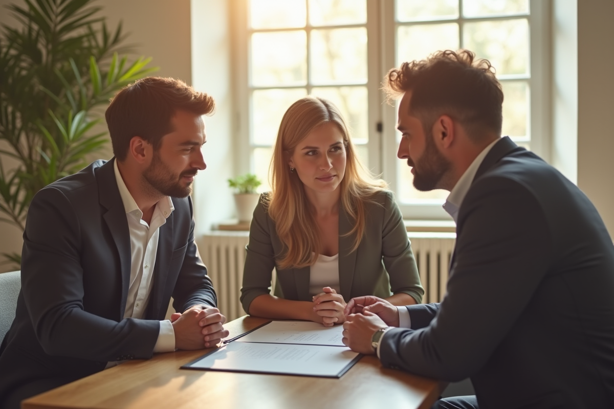 Agent immobilier discutant avec un couple dans un salon lumineux