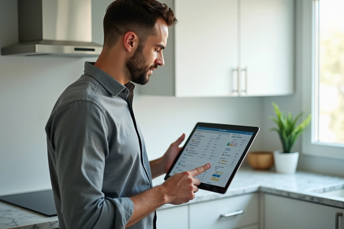 Agent immobilier indépendant consultant un intranet de gestion immobilière sur tablette dans sa cuisine