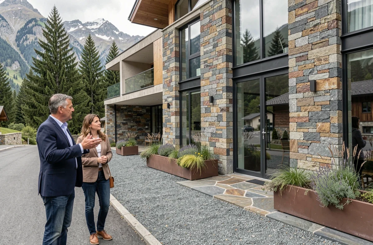 Agent immobilier présentant une maison en pierre à vendre en Andorre à un couple acheteur
