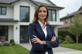 Agent immobilière professionnelle devant une maison résidentielle moderne, représentant un avis client sur Patricia4realestate