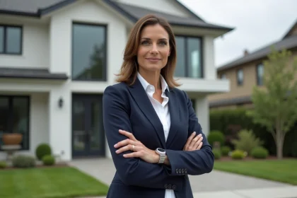Agent immobilière professionnelle devant une maison résidentielle moderne, représentant un avis client sur Patricia4realestate