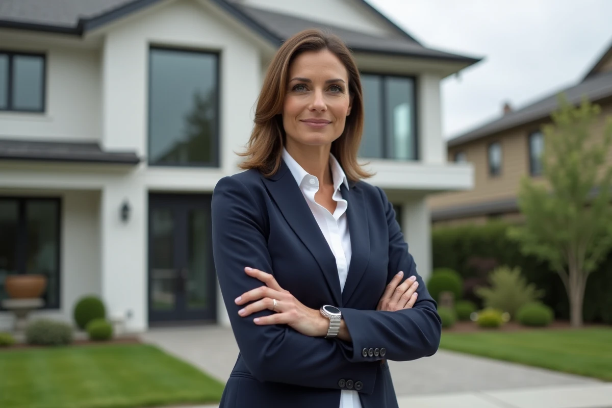 Agent immobilière professionnelle devant une maison résidentielle moderne, représentant un avis client sur Patricia4realestate
