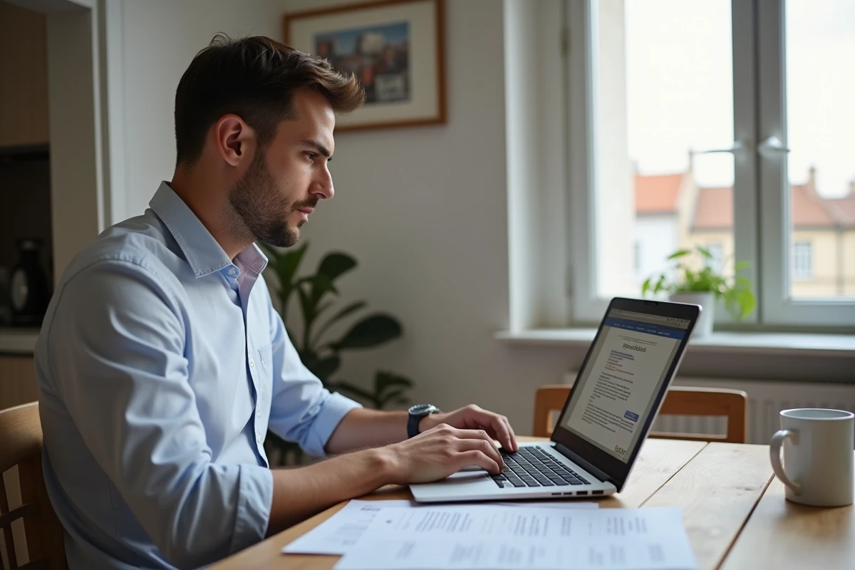 Agent immobilier travaillant sur un pré état daté Word sur ordinateur portable dans un appartement