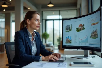 Agent immobilière analysant des données de prospection sur un écran avec des cartes et tableaux de bord interactifs dans une agence moderne