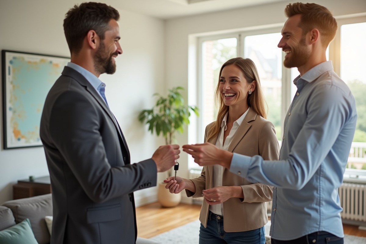 Agent immobilier souriant remettant des clés à un couple heureux dans un salon lumineux