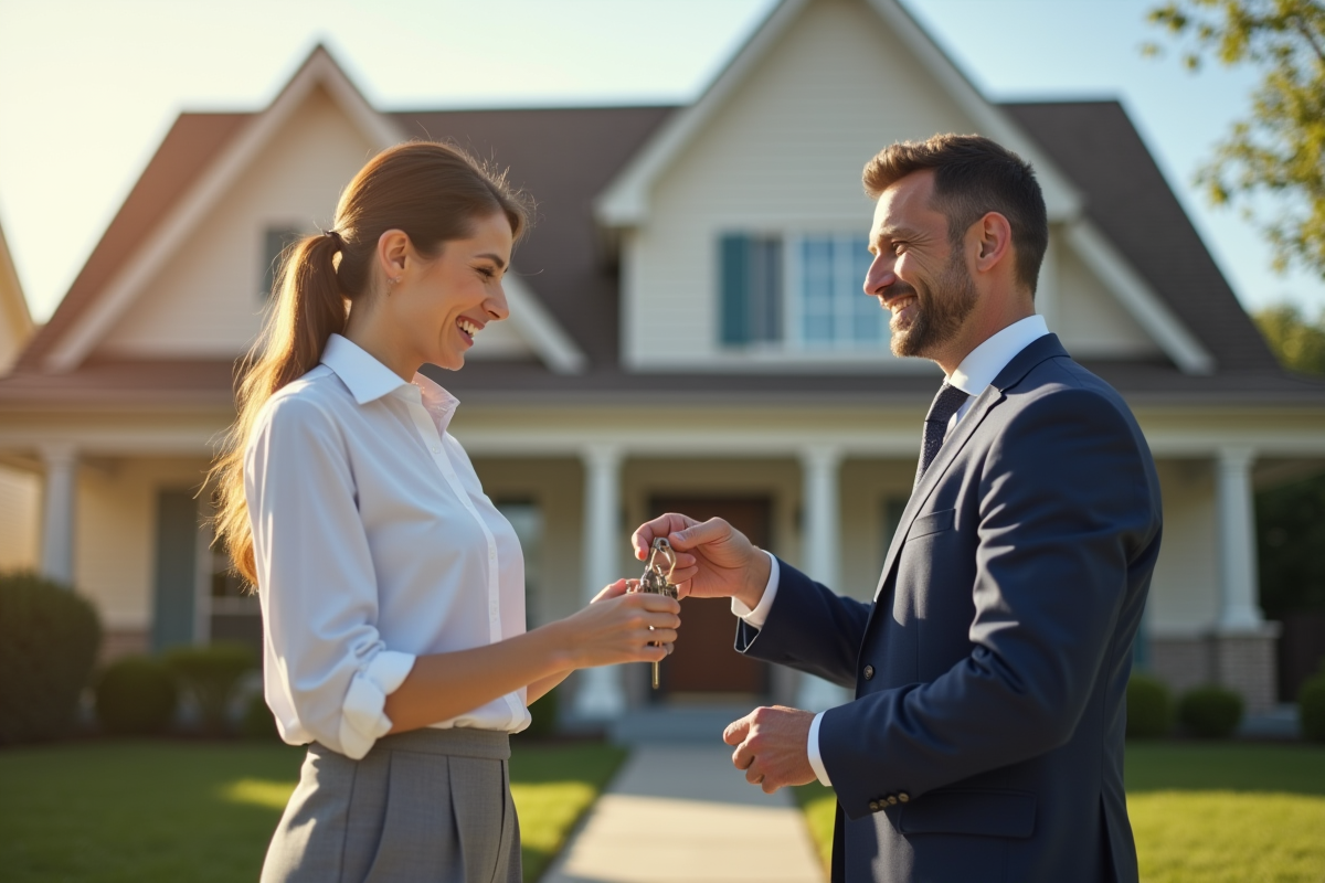 Agent immobilier remettant les clés à un client heureux devant la maison