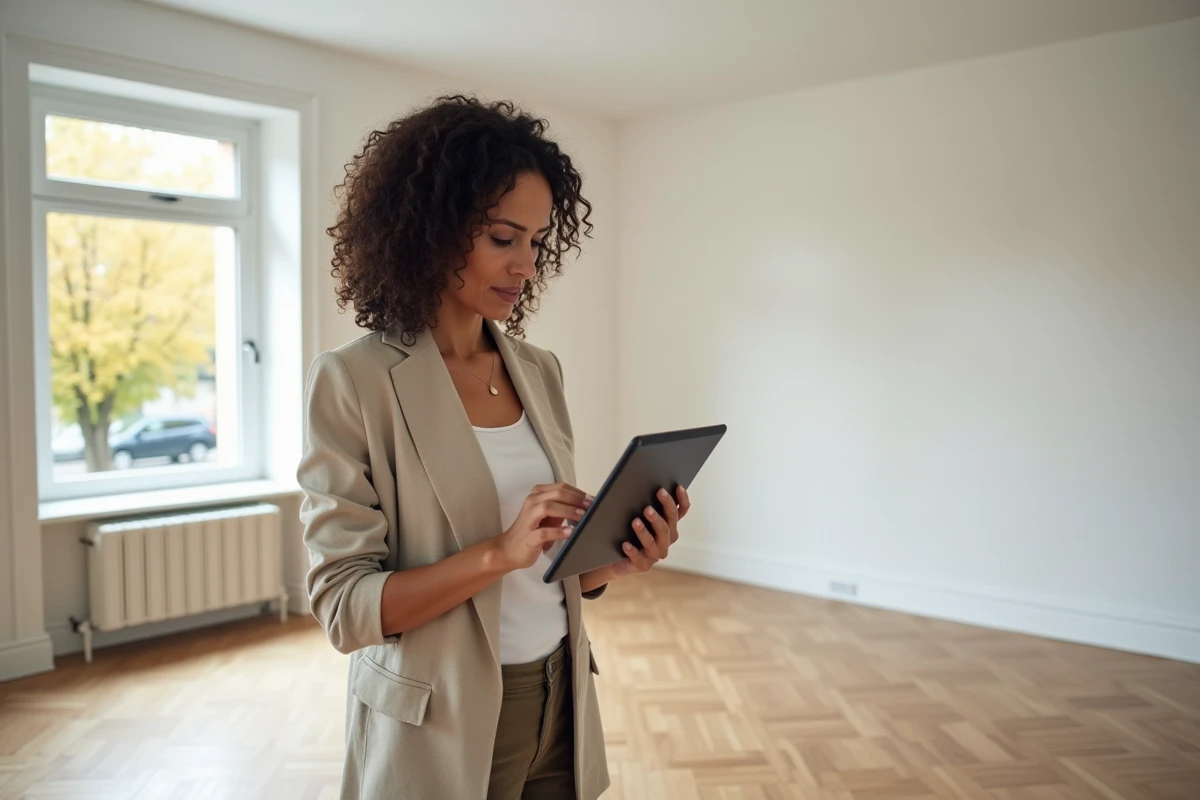 Femme agent immobilier consultant une visite virtuelle 360 sur tablette dans un appartement vide