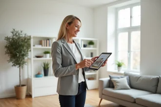 Femme agent immobilier présentant une visite virtuelle 360 sur tablette dans un salon moderne bien rangé