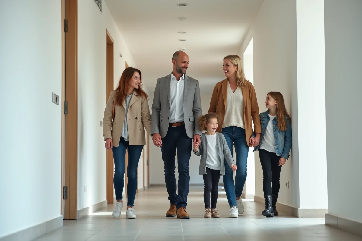 Agent immobilier accompagne une famille dans un appartement neuf