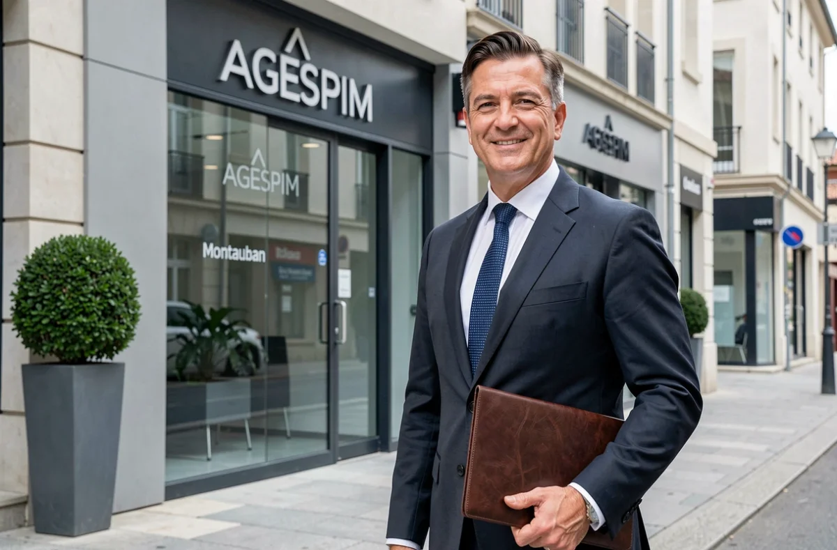 Agent d'AGESPIM devant la façade moderne de l'agence immobilière à Montauban, tenant un portfolio professionnel