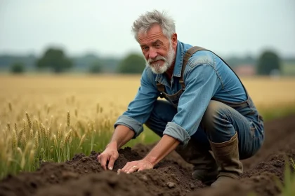 Agriculteur français examinant la terre d'un champ de blé en location longue durée dans une zone rurale