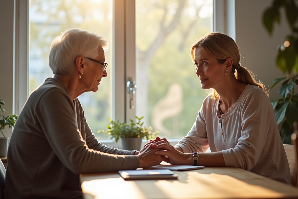 Femme agee recevant conseil d une assistante sociale dans un appartement lumineux