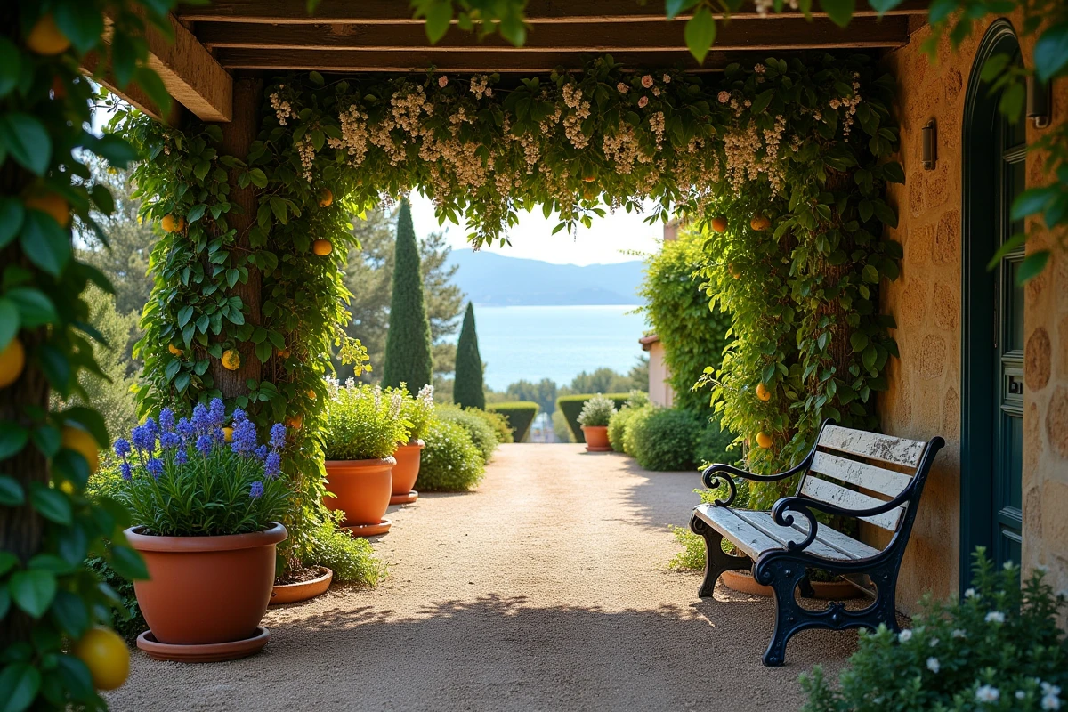 Allée ombragée de la Villa Leopolda sous pergola de glycines avec vue sur la mer Méditerranée et banc en fer forgé