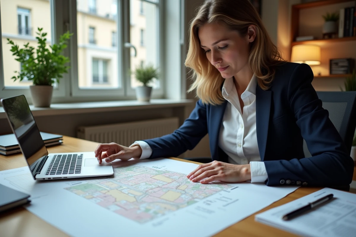 Professionnelle de l'immobilier analysant des documents fonciers et une carte cadastrale sur un bureau moderne pour repérer des opportunités d'investissement