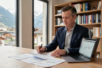 Homme analysant la rentabilité d'un appartement à Andorre avec des documents financiers et un ordinateur portable