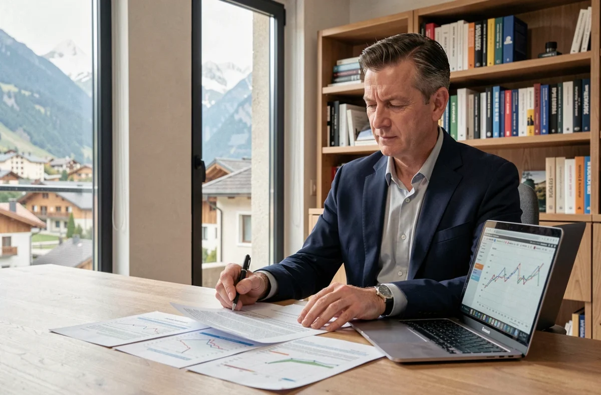 Homme analysant la rentabilité d'un appartement à Andorre avec des documents financiers et un ordinateur portable