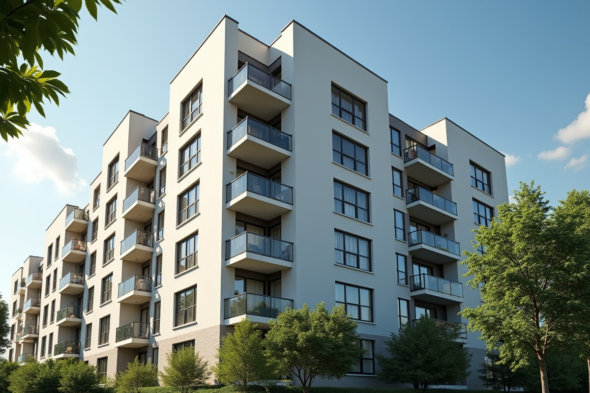Façade d un immeuble moderne ensoleillé avec balcons et fenêtres