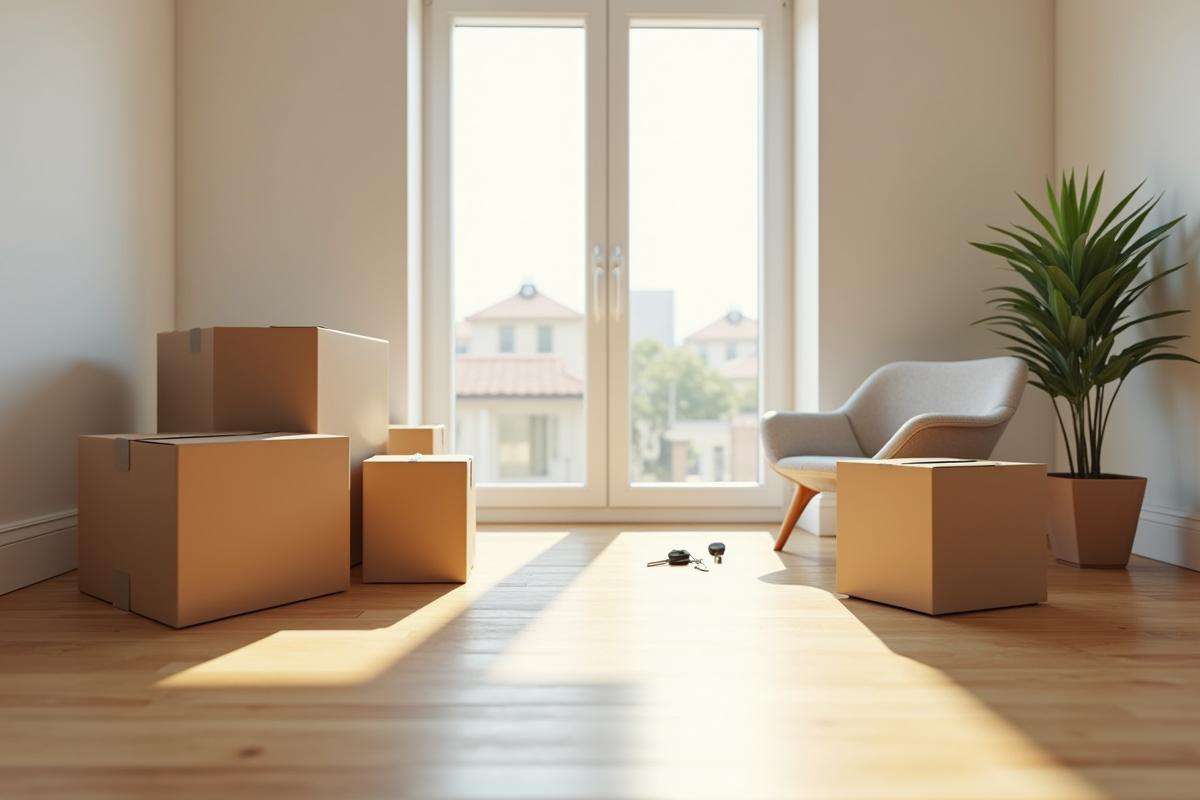 Appartement vide avec cartons ouverts et clés sur le rebord de fenêtre
