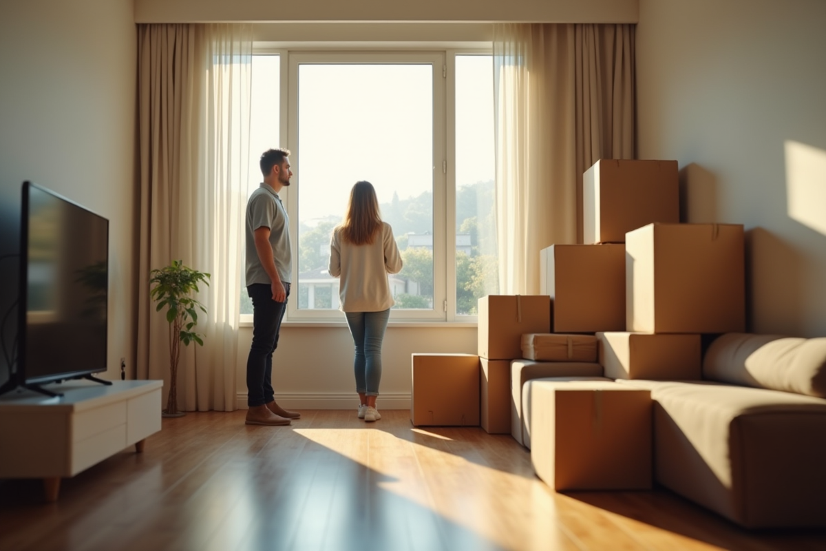 Salon moderne d appartement avec vue lumineuse et deux personnes près de boîtes