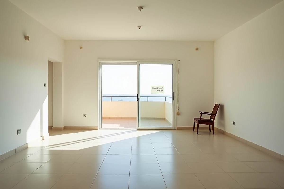 Appartement vide à vendre entre particuliers à Agadir avec vue sur la ville et affiche de vente sur la fenêtre