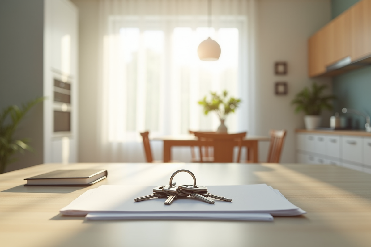 Intérieur d un appartement vide avec clés et papiers sur le comptoir
