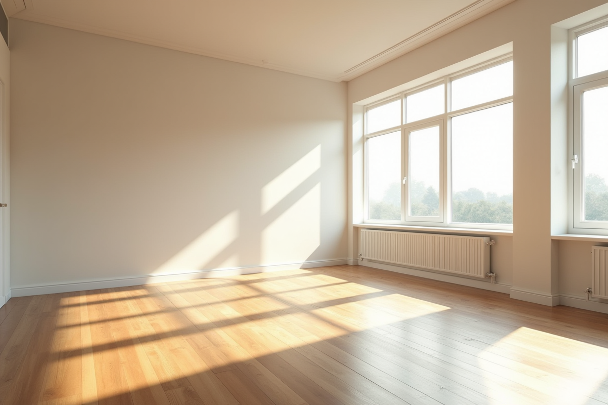 Appartement vide lumineux avec grandes fenêtres et parquet