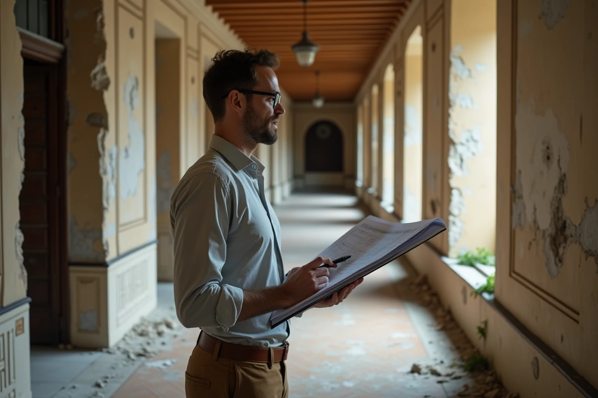 Architecte évaluant les travaux de rénovation à l'intérieur d'un manoir délabré acheté à prix symbolique