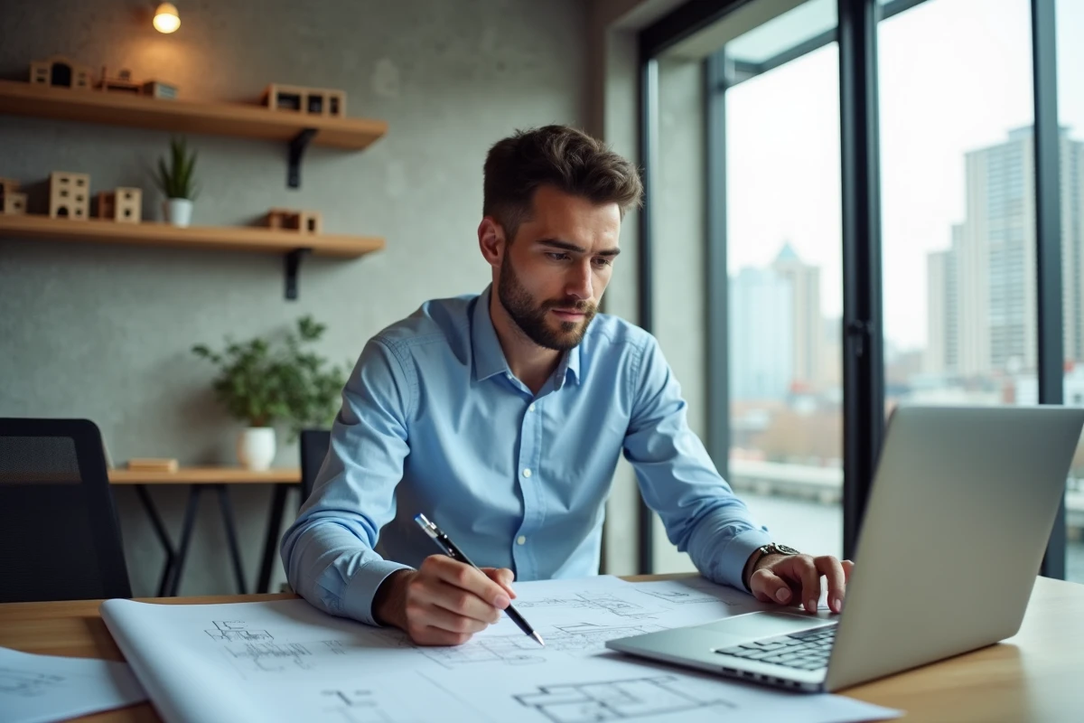 Architecte analysant les tarifs d'une visite virtuelle immobilière sur ordinateur avec des plans de maison