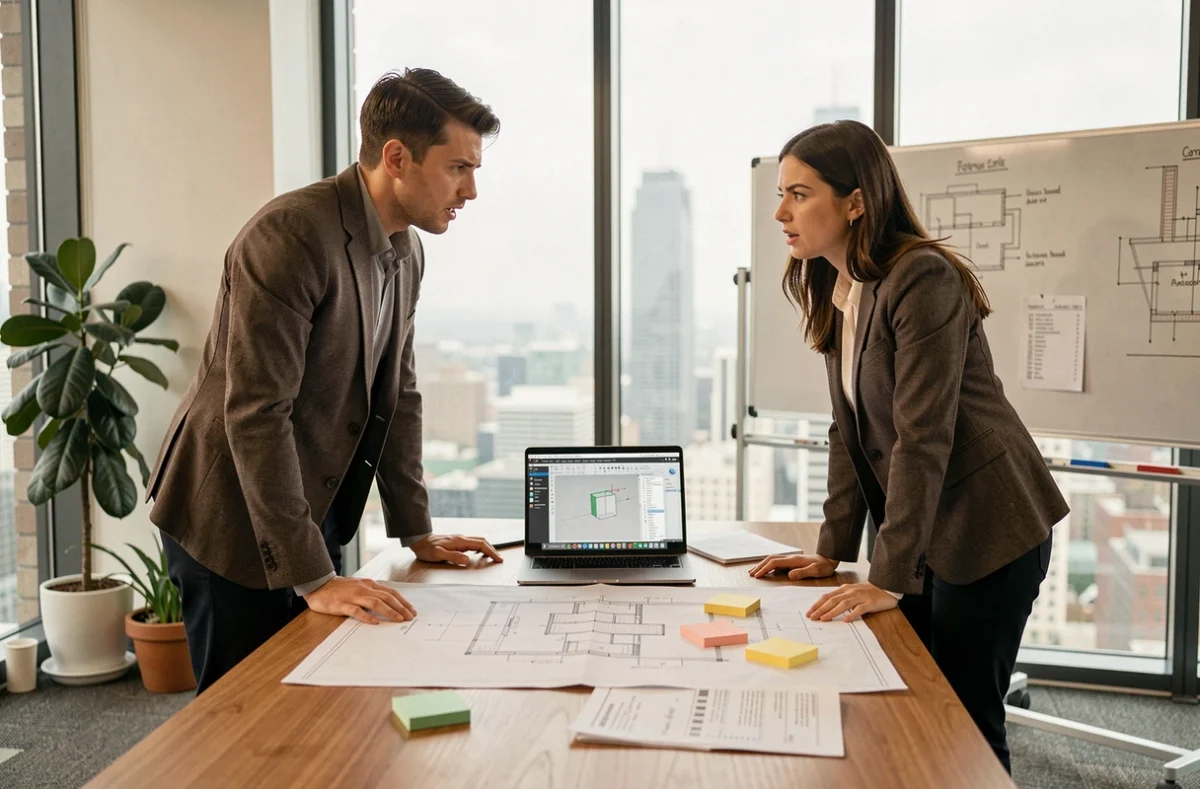 Deux architectes discutant autour d'un logiciel BIM en salle de réunion, illustrant les points clés que les utilisateurs méconnaissent dans la pratique du BIM collaboratif