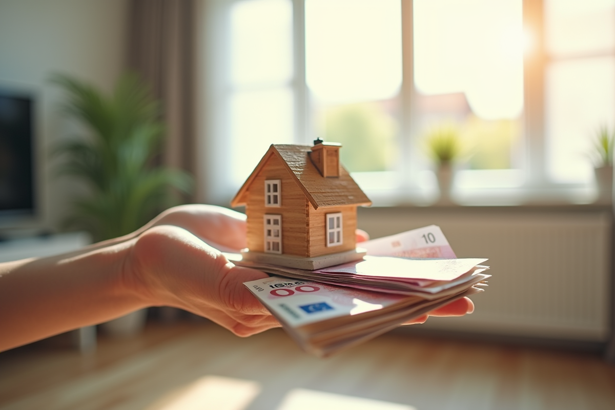 Main tenant des billets et une maison miniature en intérieur lumineux