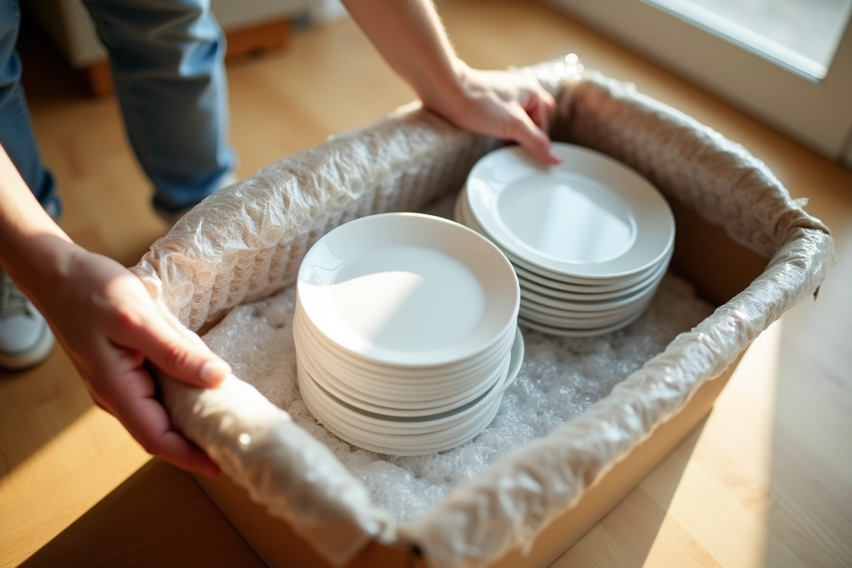 Mains disposant soigneusement des assiettes en porcelaine blanche dans une boîte en mouvement