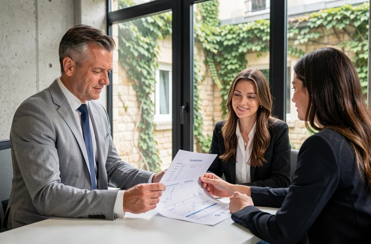 Courtier d'Artémis Courtage analysant un dossier de financement immobilier avec un couple à Paris